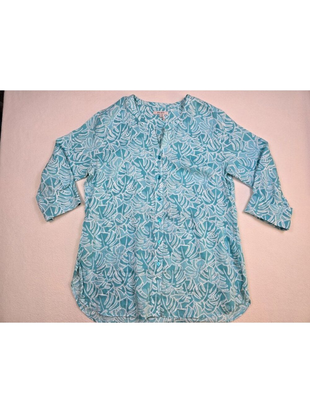 Zozo Womens  L Button-Up 100% Linen Blouse Aquatic Leaf Print Top Tunic Blue